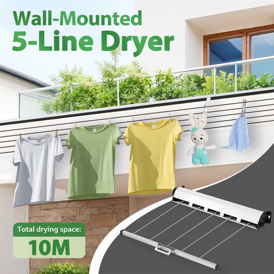 Retractable 5 Line Clothesline 50m Wall Mounted Galvanised Steel