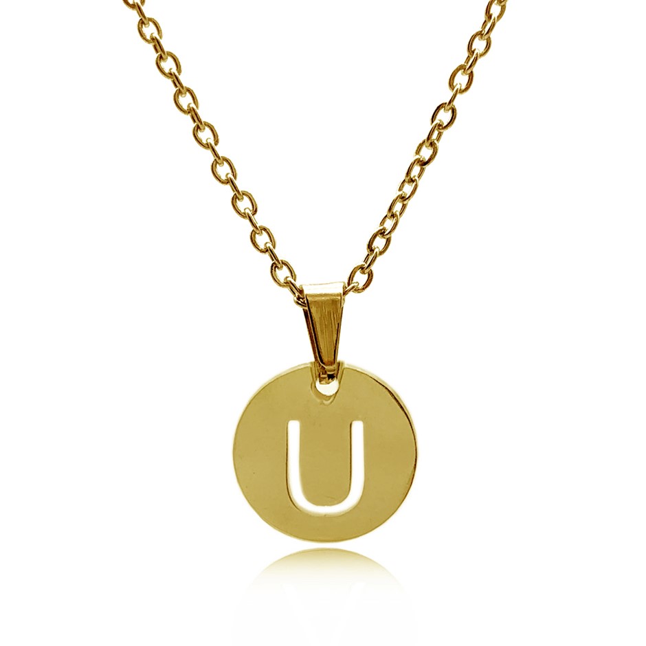 Initial Charm Letter 'U' Gold Plated Pendant Necklace