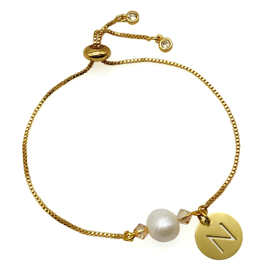 8-9mm Pearl & Swarovski Crystal & Initial Letter 'N' Charm Bracelet