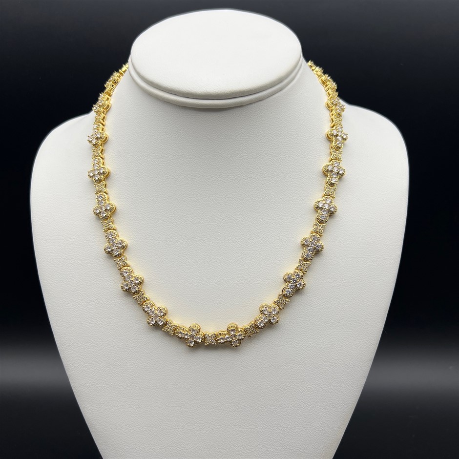 18K Gold-Filled Cross & Flower Necklace with AAA+ Cubic Zirconia - 55.8cm