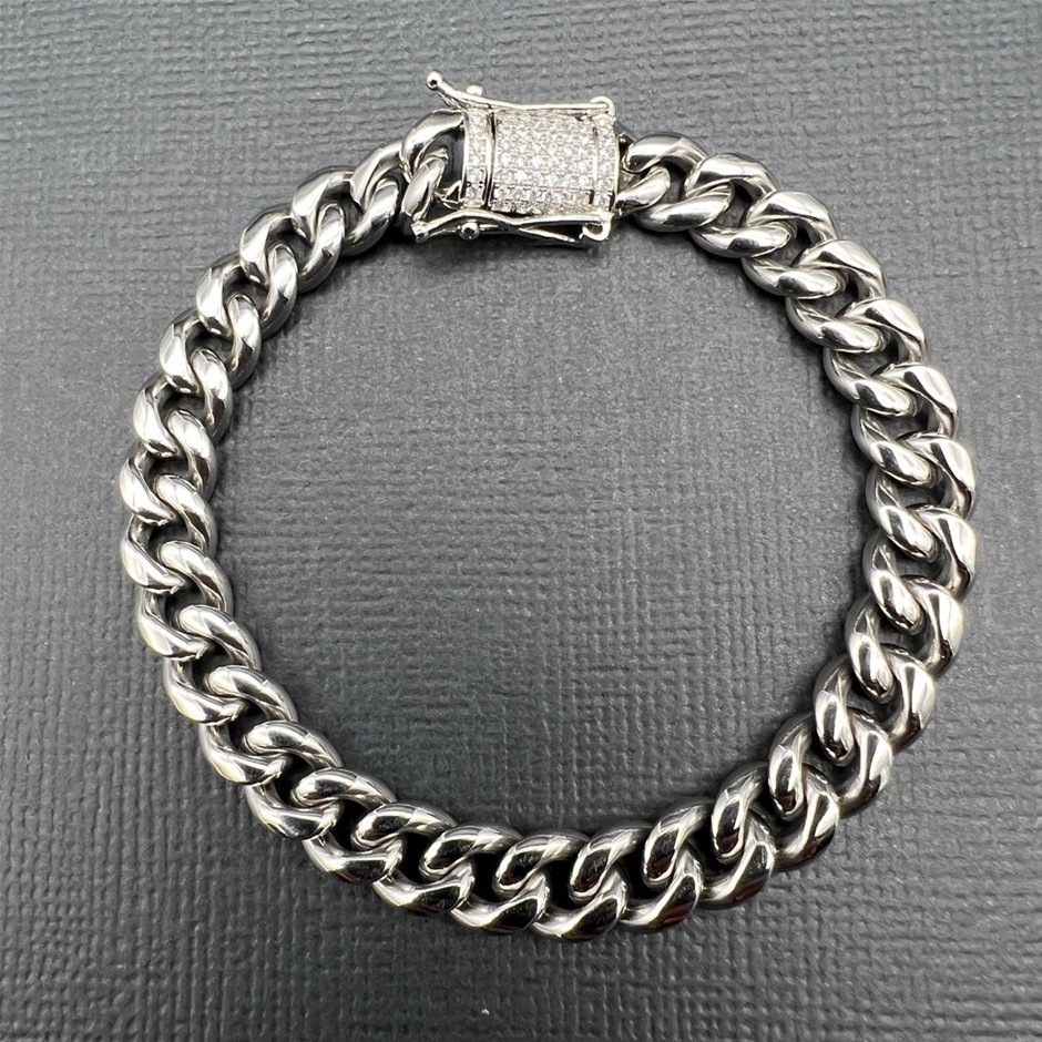 Silver-Filled Cuban Bracelet with Cubic Zirconia Clasp, 8MM - 17.8cm