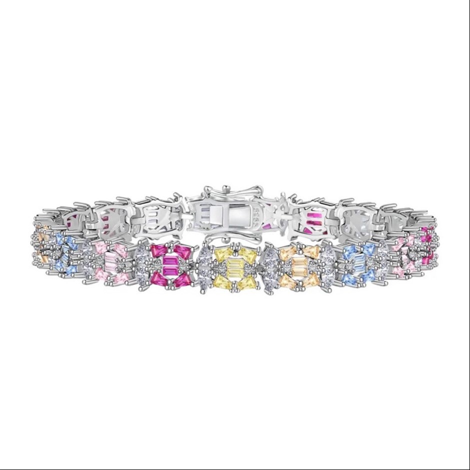 Multi Colour 5A Cubic Zirconia 925 Sterling Silver Tennis Bracelet-16cm