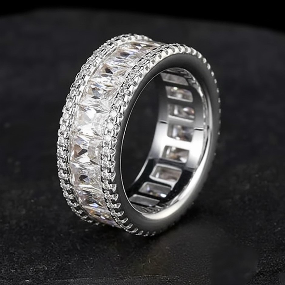 18K White-Filled Cuban Ring , AAA+ Cubic Zirconia - Size 10