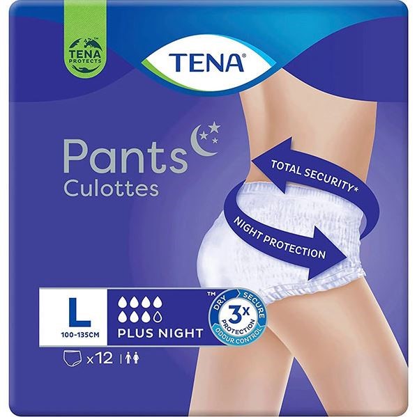 2 x Pack of 12pc TENA Culottes Pants for Women Plus Night, Size L, 100-132c