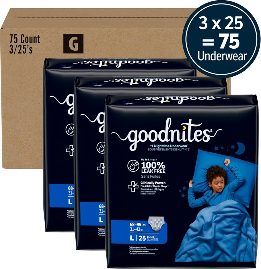 Box of 75pc GOODNITES Nighttime Bedwetting Underwear, Boys' Size L, 31-43kg