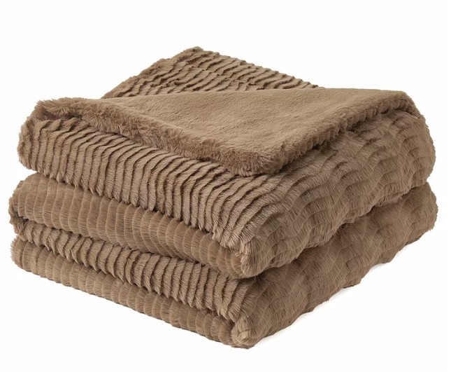 CASUAL LIVING Faux Fur Ribbed Texture Throw Blanket, 127cm x 177cm, Brown.