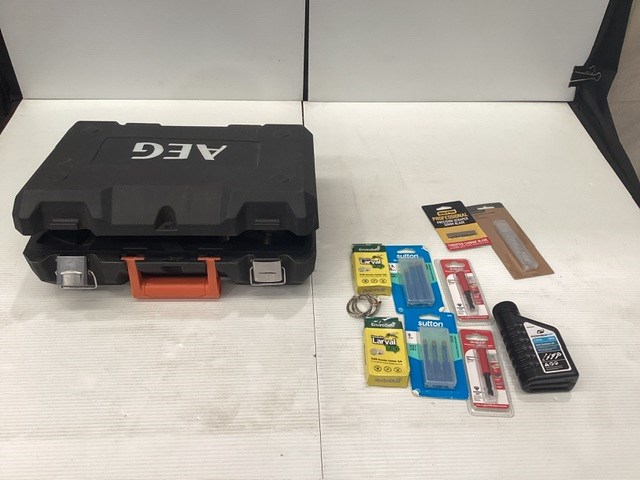 <p>Assorted Miscellaneous Drill Bits And AEG Grinder </p>