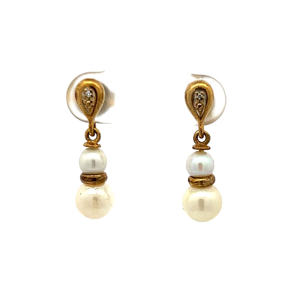 9Ct Yellow Gold Pearl And Diamond Drop Earrings