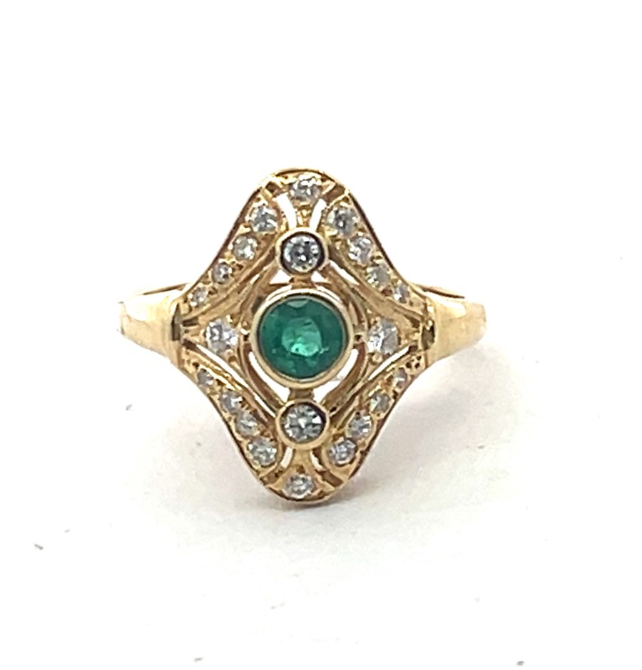 18Ct Yellow Gold Emerald And Diamond Dress Ring