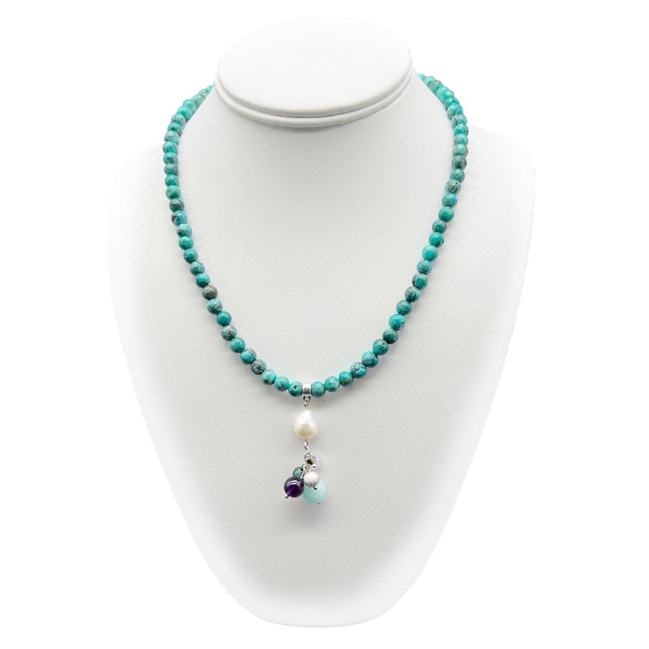 6mm African Jasper 'Turquoise' & Pearl & Gemstone Cluster Necklace