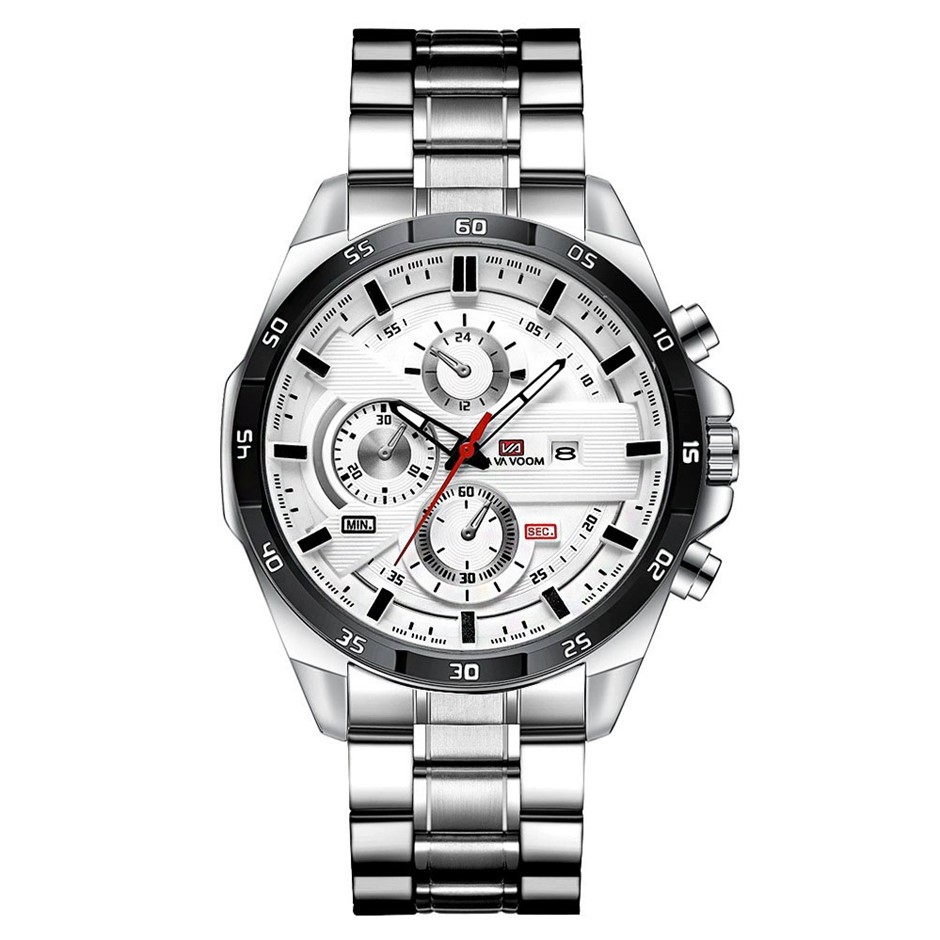 Luxury Multifunctional Water Resistant Fashion Watch for Men, Silver/Black