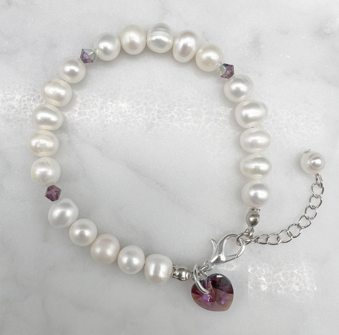 7-8mm Potato & Baroque Pearl Amethyst Shimmer Swarovski® Heart Bracelet