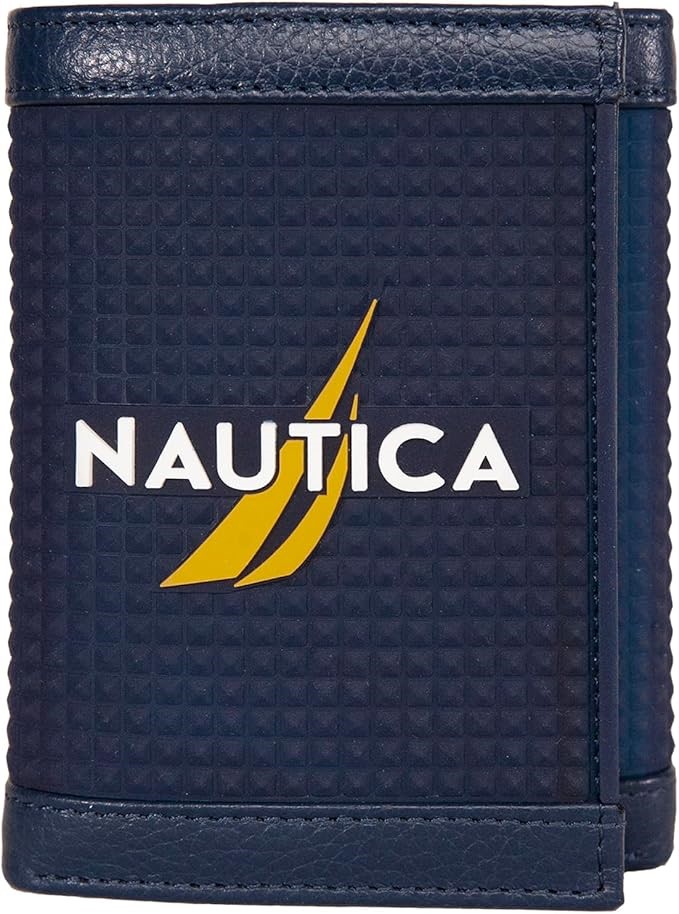 NAUTICA Mens Trifold Leather Wallet, Rubber/Leather - Navy, One Size