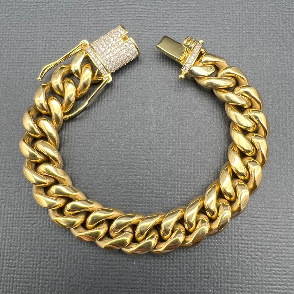 18K Gold-Filled Cuban Bracelet with Simulated Diamond Clasp - 17.8cm