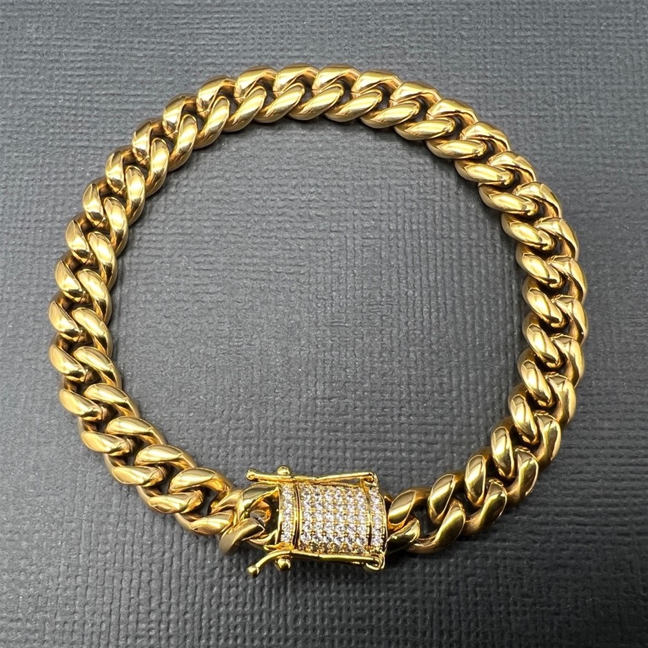 18K Gold-Filled Cuban Bracelet with AAA Cubic Zirconias Clasp, 8MM - 19cm