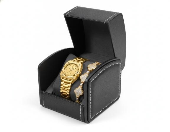 Luxury Gold Tone Watch & Simulated Diamond Bracelet Set with Gift Box