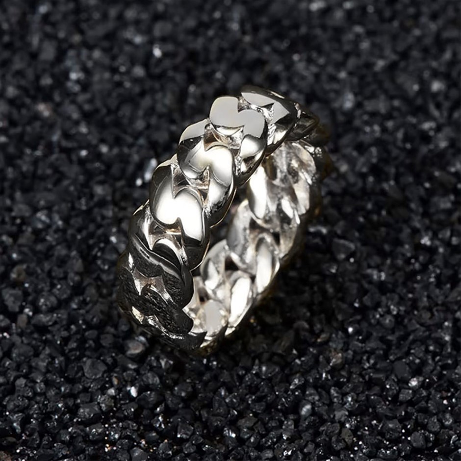 18K White Gold-Filled Cuban Style Link Ring - Size 10