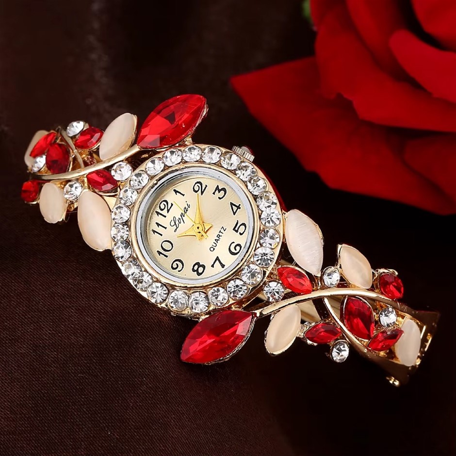 Luxury Crystal Flower Bracelet Wrist Watch, Red