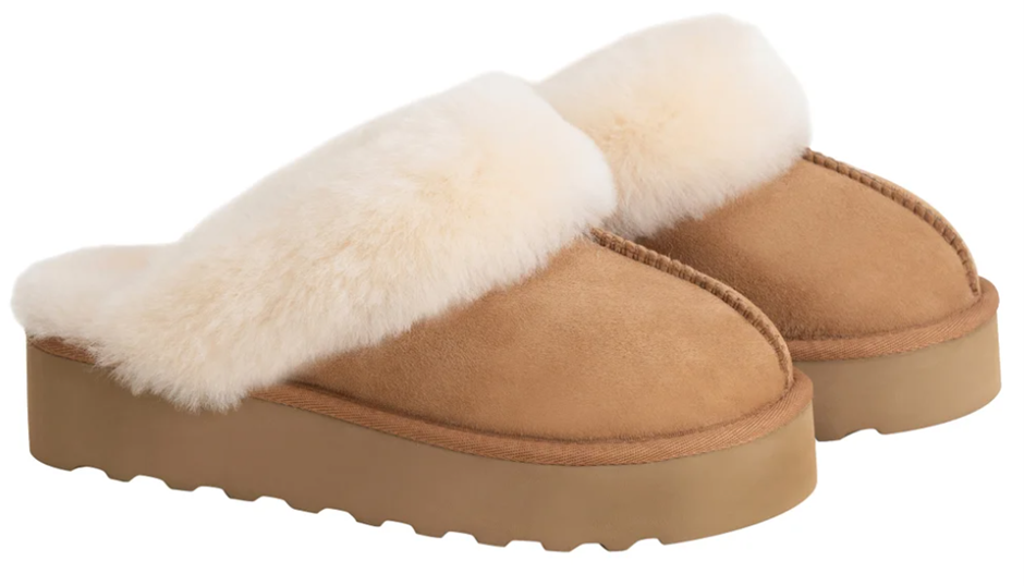 SIGNATURE Women's Shearling Platform Slippers, Size US6 / EU37, Tan.
