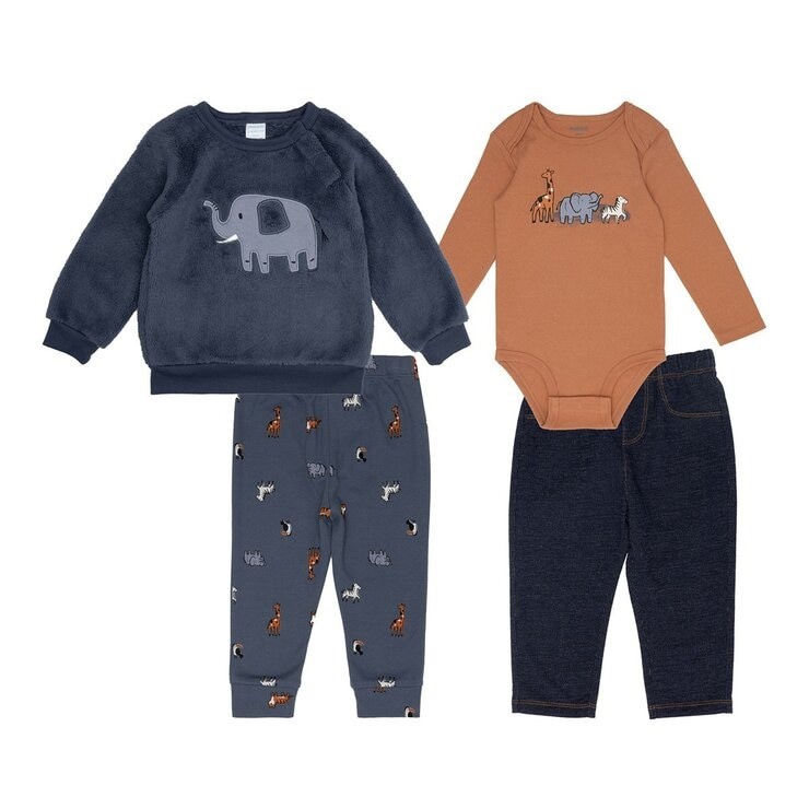 PEKKLE 4pc Infant Set, Size 12M, Plush Top w/ Bodysuit & Pants, Dark Blue E