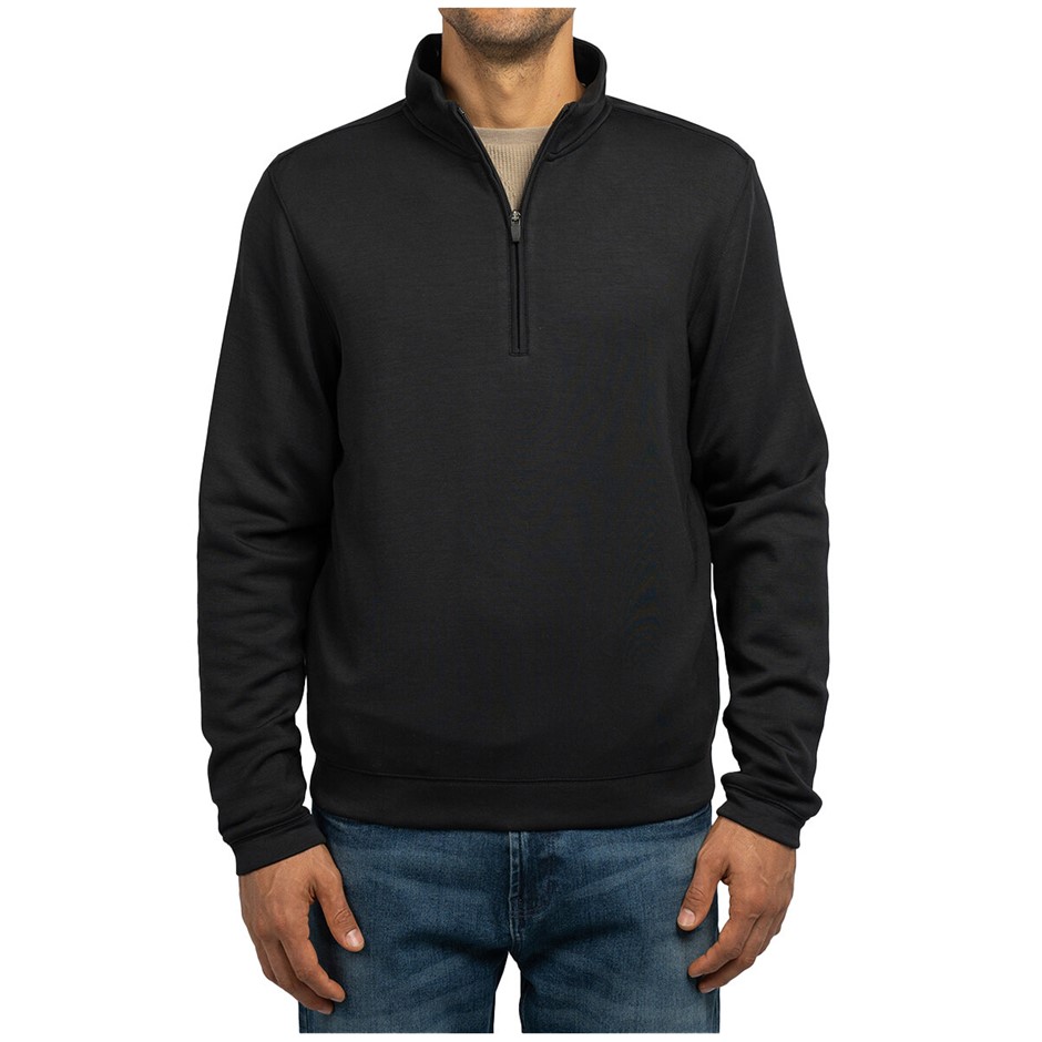 SCOTT BARBER Men's 1/4 Zip Sweater, Size S, 78% Modal, Black. NB: minor pul