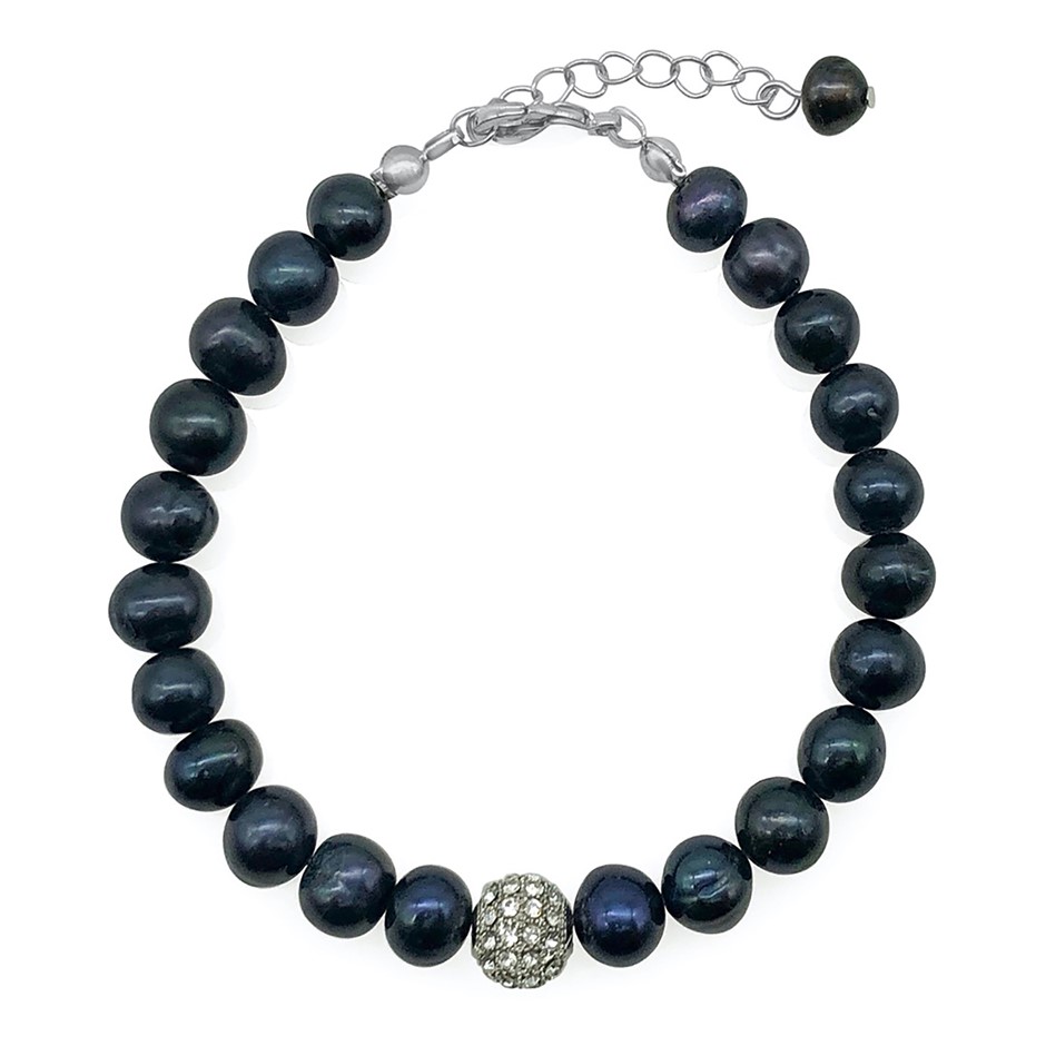 6-7mm Black Pearl & Rhinestone Real Platinum Plated Bracelet