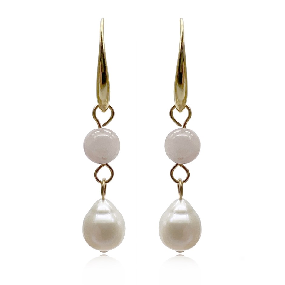 6mm Rose Quartz & Baroque Pearl Dangling Earrings.