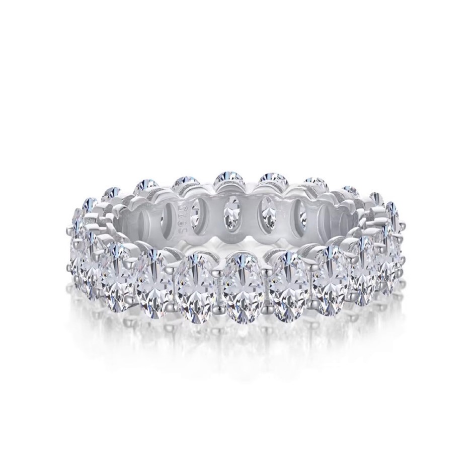 Oval 5A Cubic Zirconia 925 Sterling Silver Band Ring - Size 9