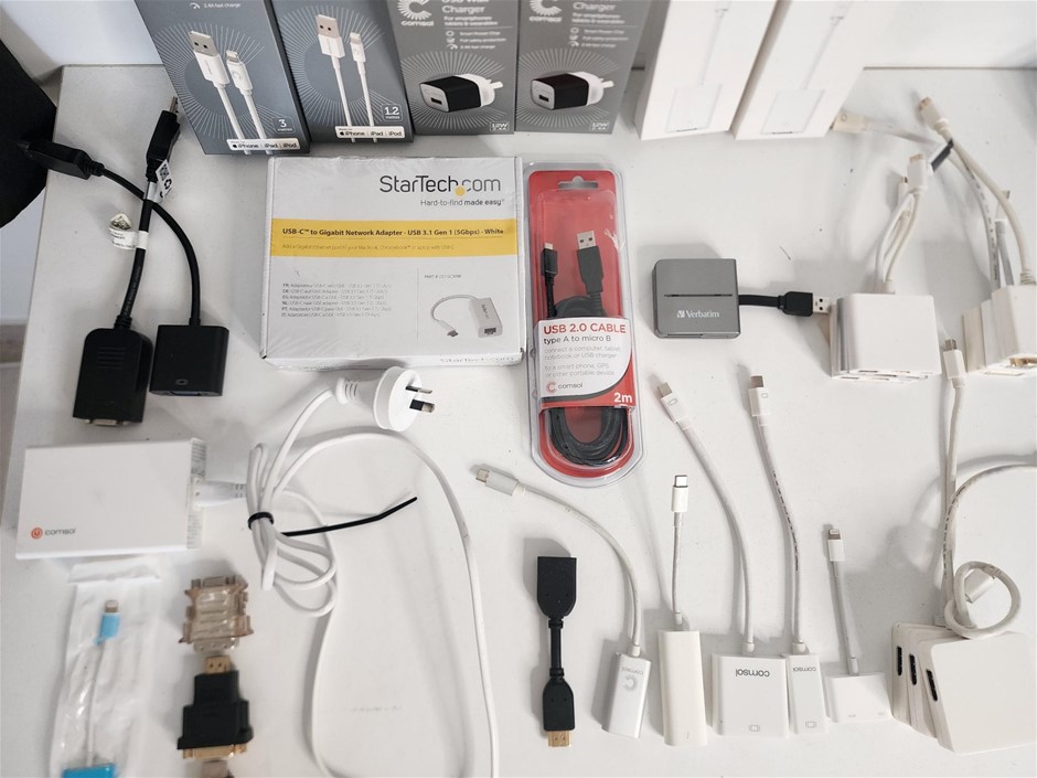 Quantity of Assorted New and Used Wall Chargers, Cables & Adapters