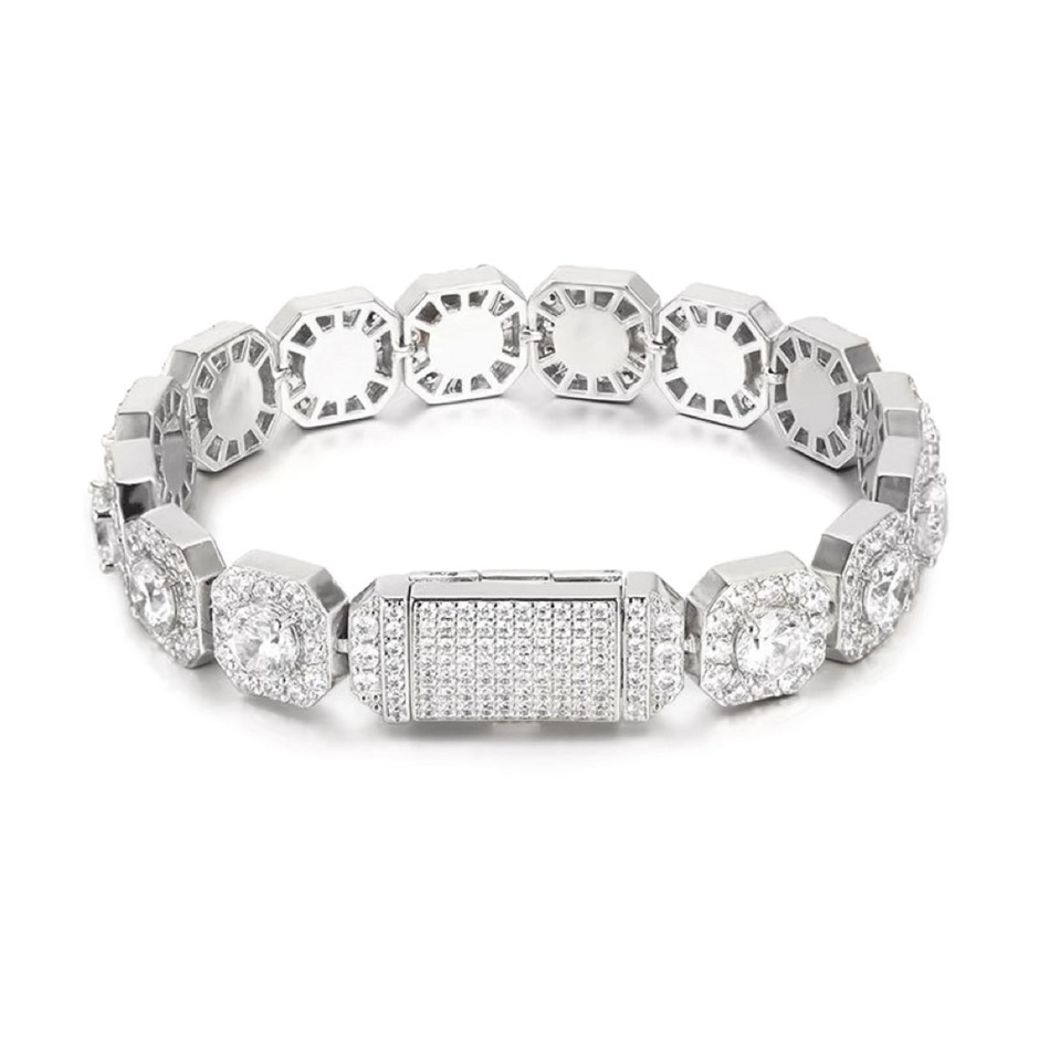 18K White Gold -Filled Clustered Chain Bracelet AAA+ Cubic Zirconia-20.3cm