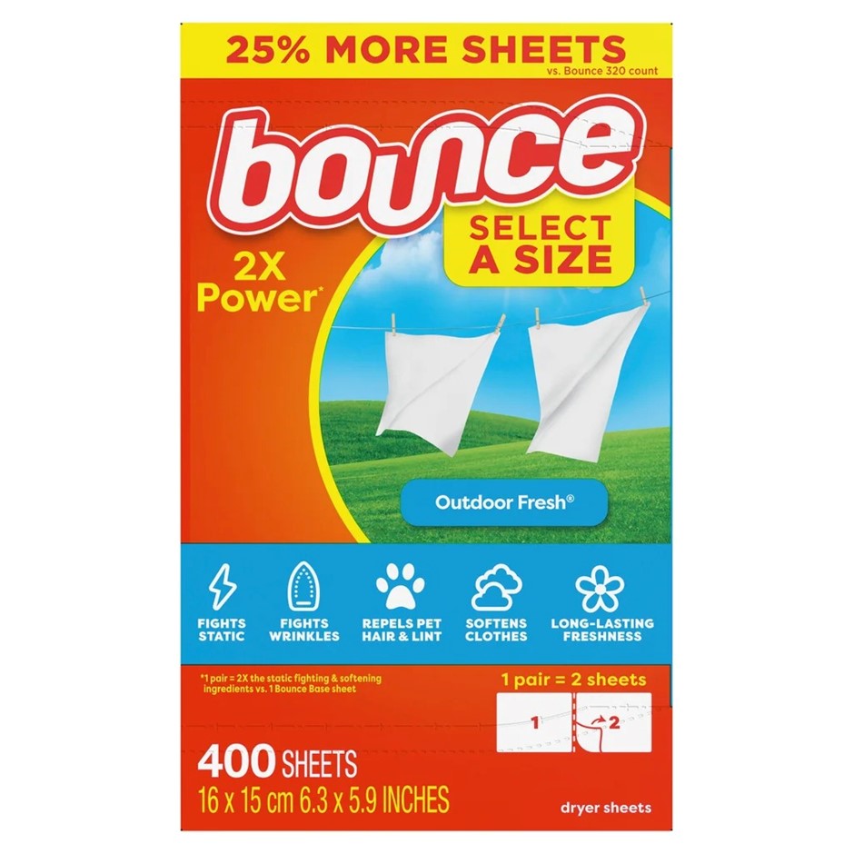 2 x BOUNCE 400pc Fabric Softener Dryer Sheets, Outdoor Fresh. NB: Damaged p