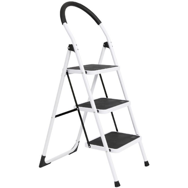 3 Step Folding Ladder with Foam Grip Handle White Steel.