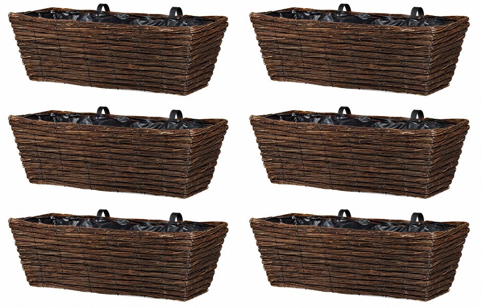 6 x GARDEN TREND Handwoven Willow Balcony Planters with Rail Hangers (55 x