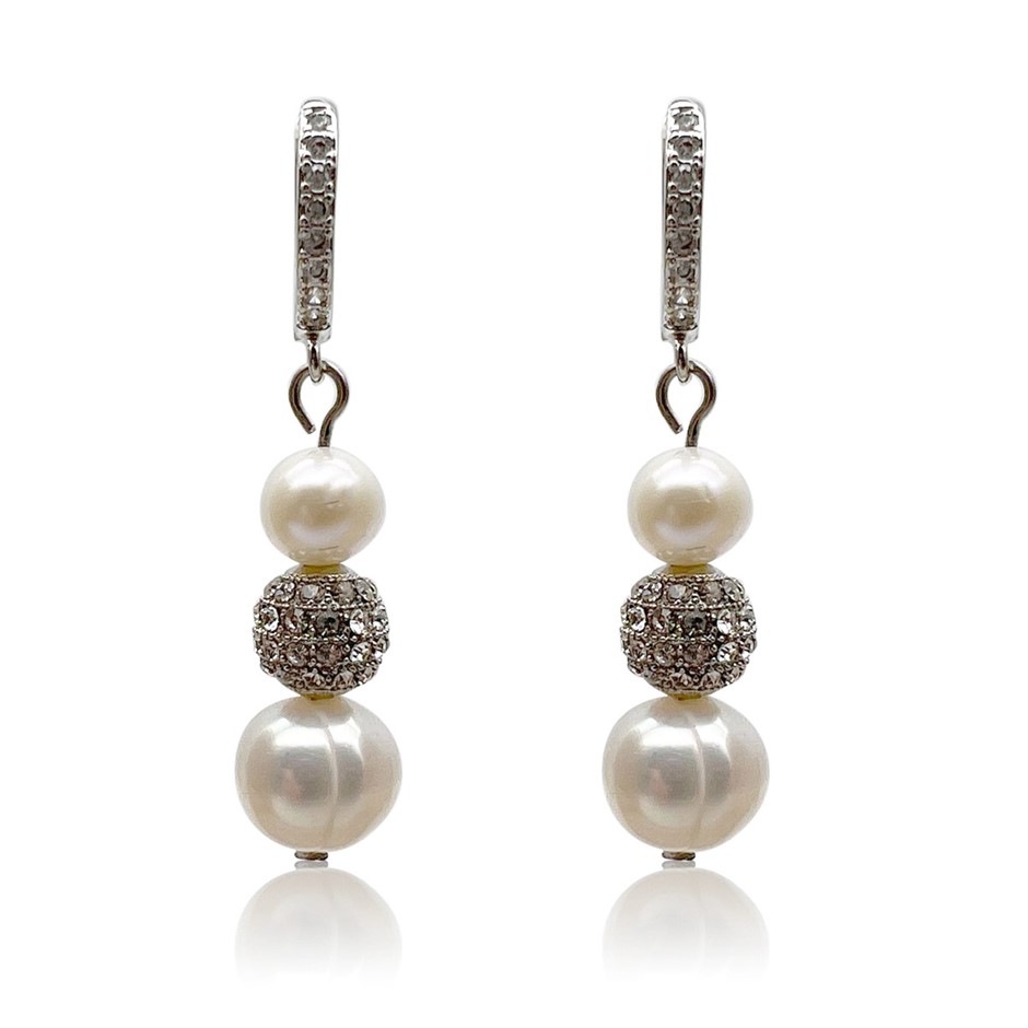 Freshwater Pearl CZ Platinum Plated Huggie Hoop Earrings