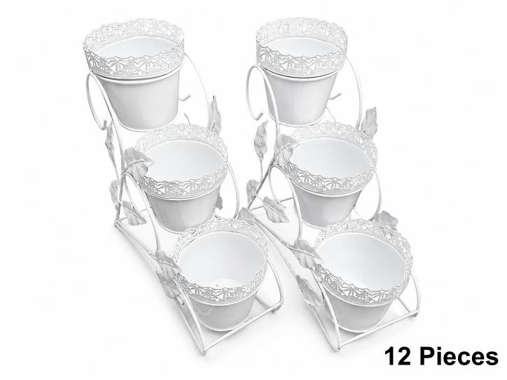 12 Pieces of White Metal 3-Tier Plant Stands with Decorative Flower Pots, I