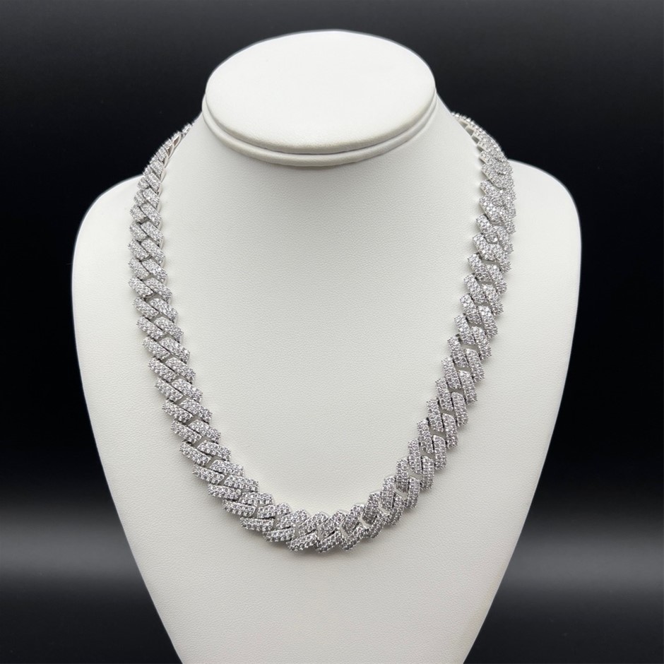 18K White-Filled Cuban Chain Necklace with AAA Cubic Zirconias - 60.9cm