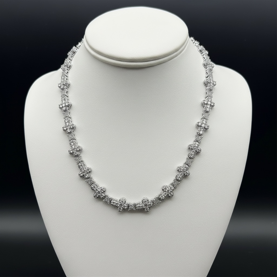 18K Silver-Filled Cross & Flower Necklace with AAA Cubic Zirconias - 60.9cm