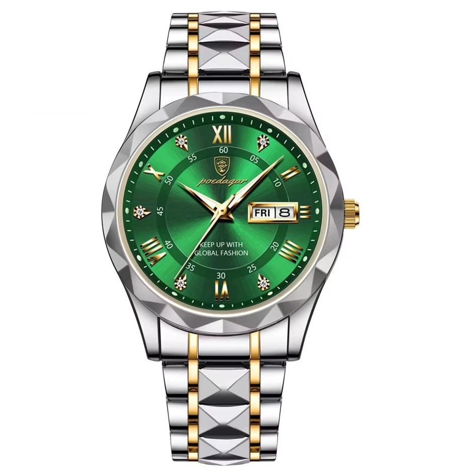 Luxury Men's Quartz Watch Date Week with Strap, Silver/Gold/Green