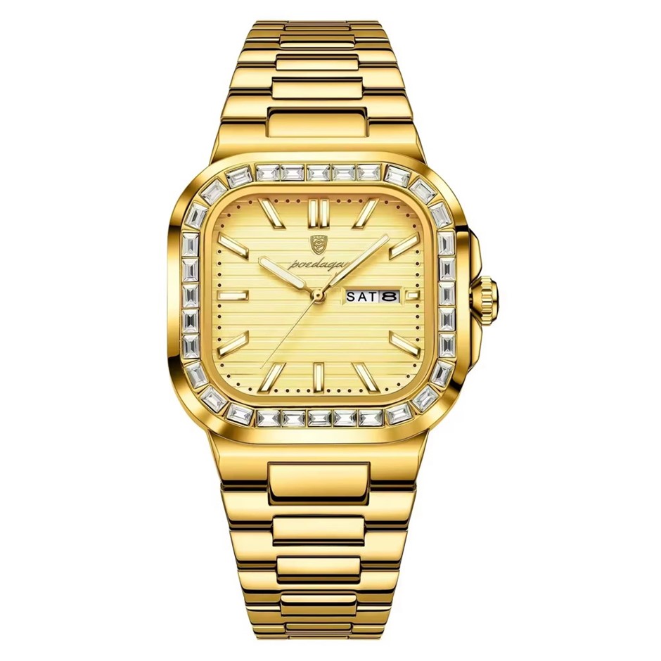 Luxury Men's Quartz Watch Square Face Stainless Steel Band, Gold