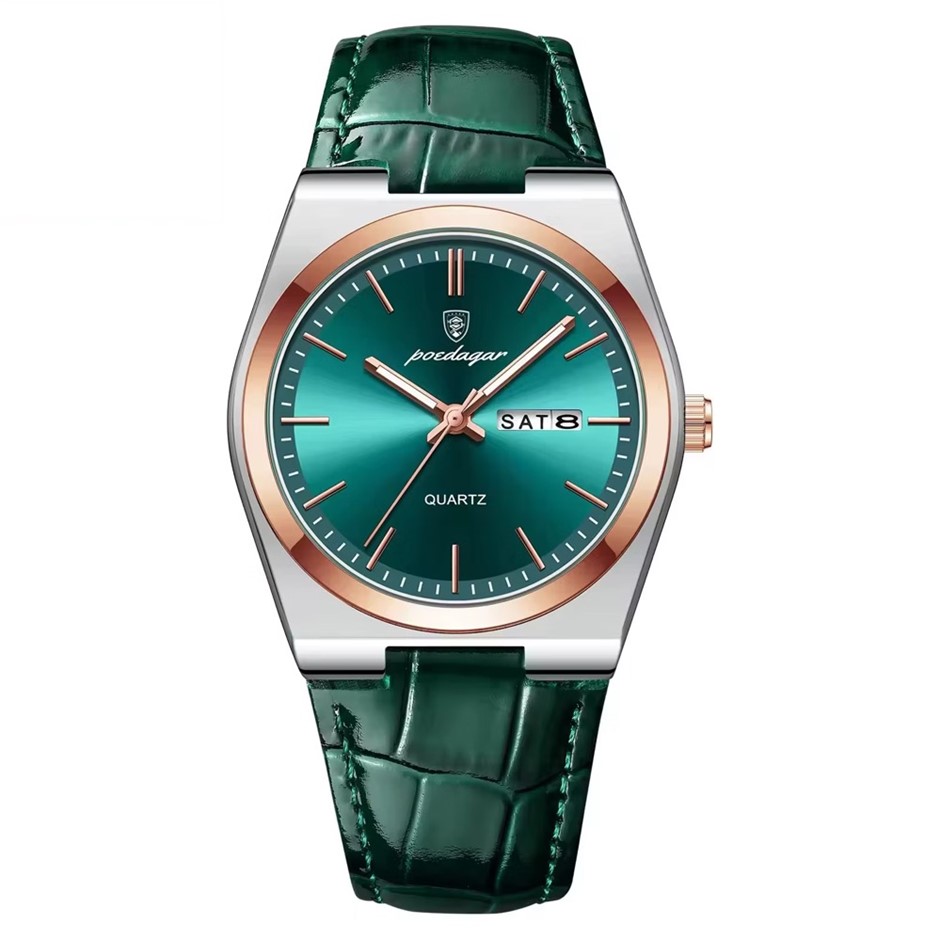 Luxury Quartz Watch for Men with Leather Strap, Silver/Rose Gold/Green