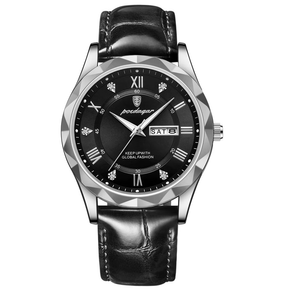 Luxury Men's Quartz Watch Date Week with Leather Strap, Silver/Black