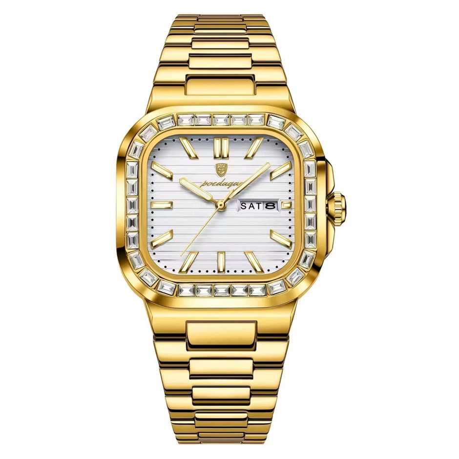 Luxury Men's Quartz Watch Square Face Stainless Steel Band, Gold/White