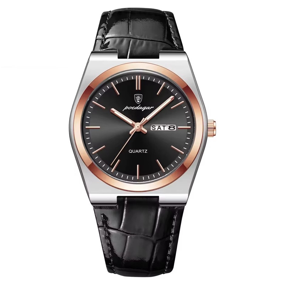 Luxury Quartz Watch for Men with Leather Strap, Silver/Rose Gold/Black