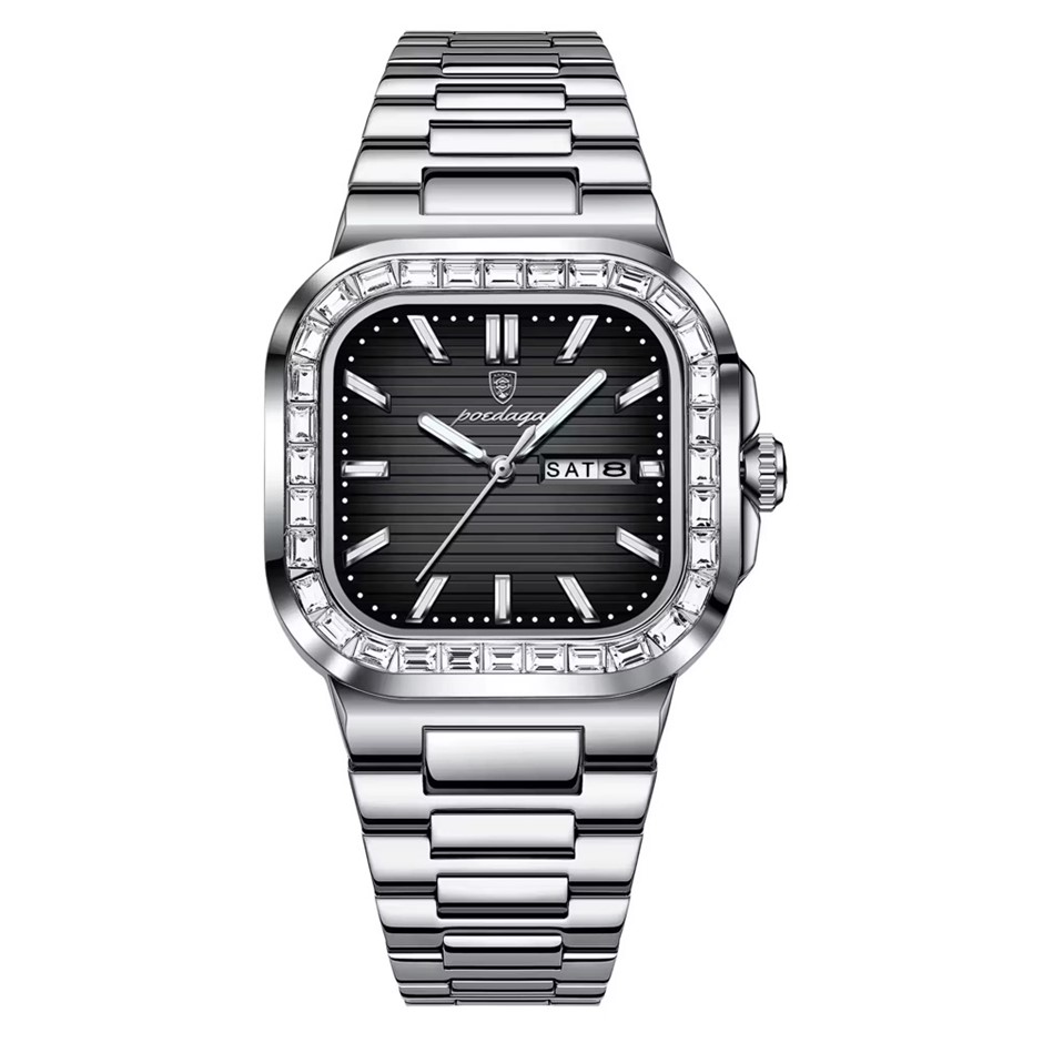 Luxury Men's Quartz Watch Square Face Stainless Steel Band, Silver/Black