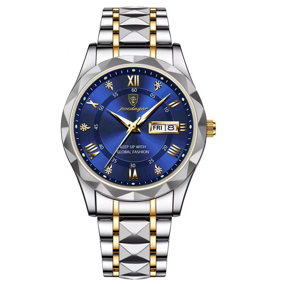 Luxury Men's Quartz Watch Date Week with Strap, Silver/Gold/Blue