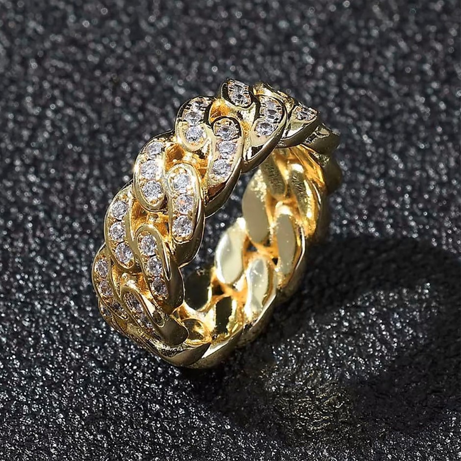 18K Gold-Filled Cuban Style Link Ring with AAA Cubic Zirconia's - Size 9
