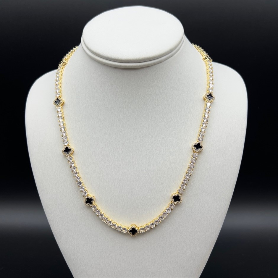 Gold-Filled Tennis Necklace Four-Leaf Clover & AAA Cubic Zirconia's -60.9cm