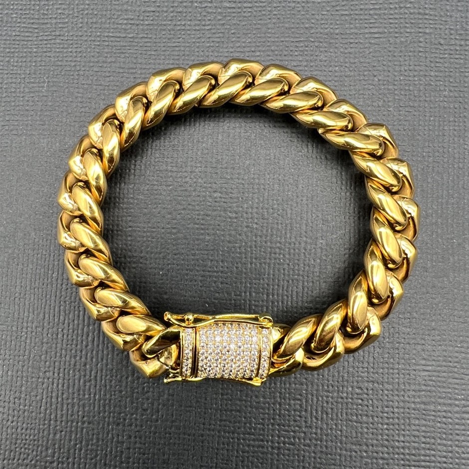 18k Gold -Filled Cuban Bracelet Simulated Diamond Clasp, 14MM - 20.3cm