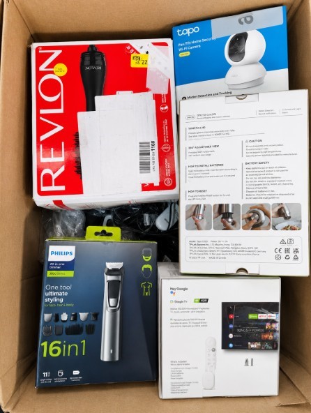 BOX OF ASSORTED ELECTRONICS & HOME ITEMS: Philips 16-in-1 Trimmer, Tapo Wi-