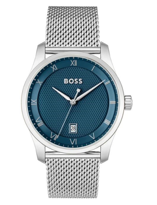 HUGO BOSS Principle Silver Steel Mesh Blue Dial Men's Watch, 1514115. RRP: